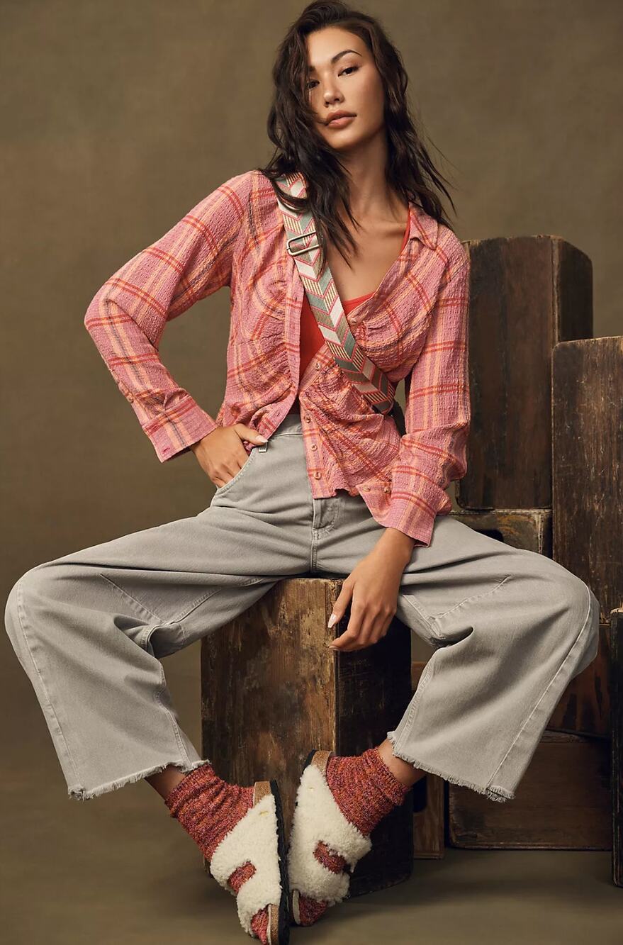 Anthropologie Pilcro Ruched Deep-V Pink Plaid Button Down Blouse Women's Size S